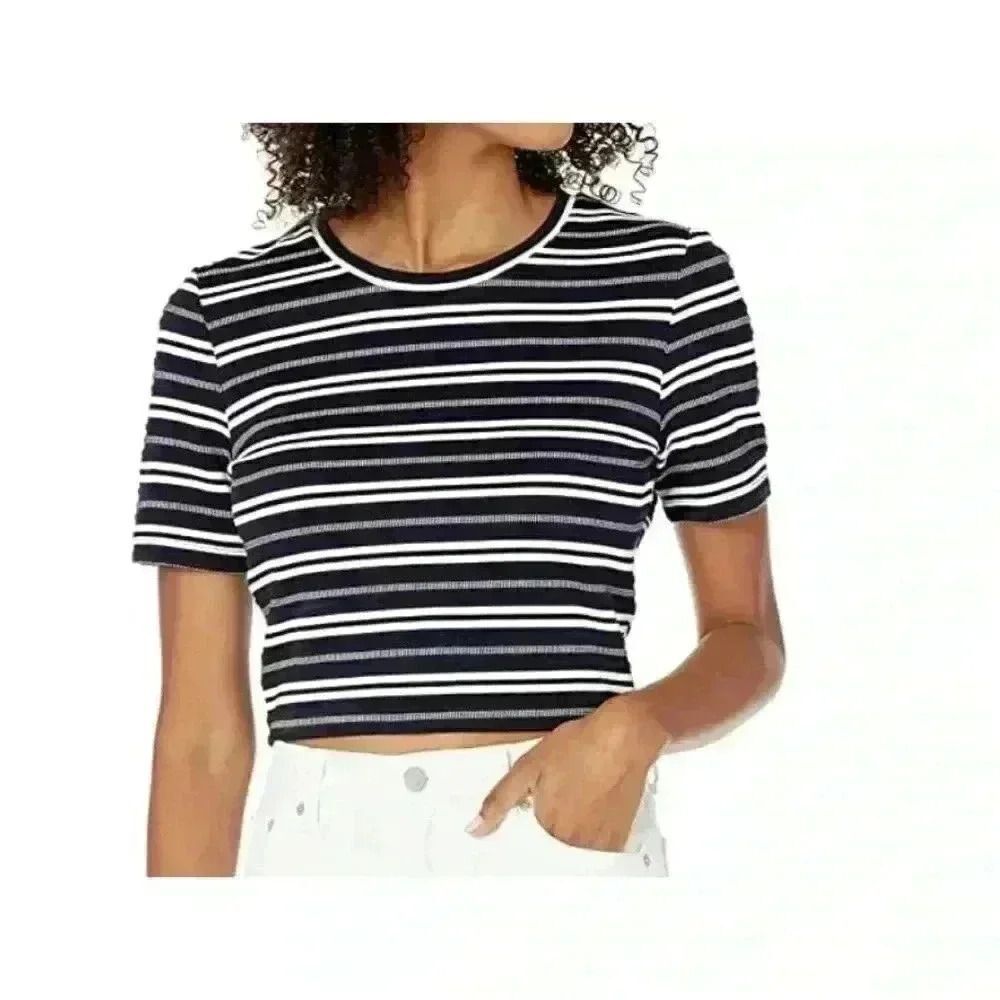 Club Monaco Women's Tie Back Tee, Navy/White, Extra Small